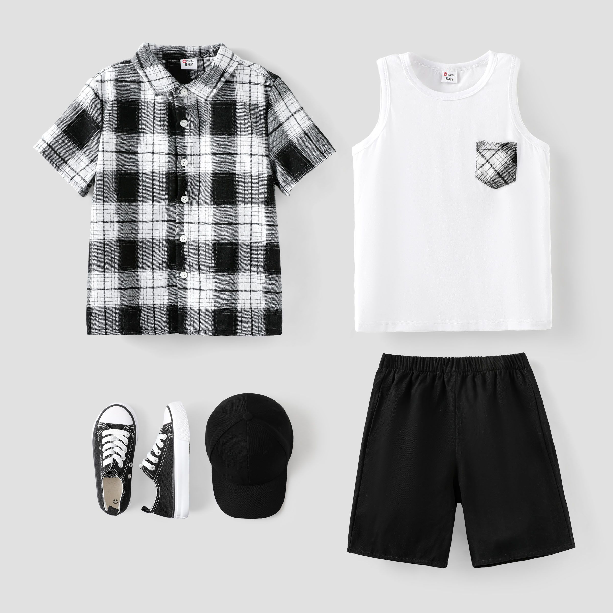 Kid Boy 3pcs Plaid Shirt, Tank Top And Shorts Set/ Cap/ Shoes