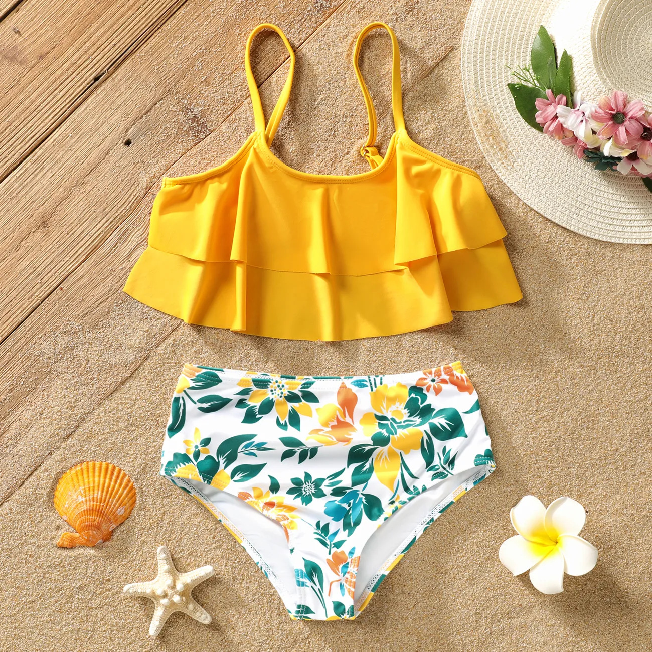 2件 大童 女 多層裙擺 植物花卉 泳衣 深橙色 big image 1