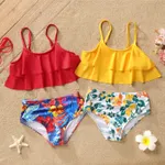 2pcs Kid Girl Floral Print Ruffled Swimsuit DarkOrange