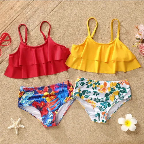 2pcs Kid Girl Floral Print Ruffled Swimsuit