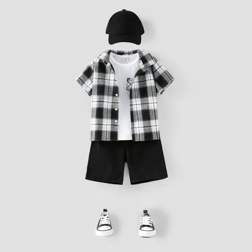 Kid Boy 3pcs Plaid Shirt, Tank Top and Shorts Set/ Cap/ Shoes