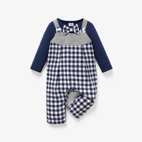 Baby Boy 2pcs Bowknot Tee and Grid Print Overalls Set