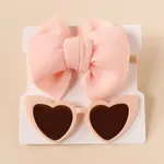 2pcs Baby/Toddler Girl Bowknot Super Soft Nylon Headband with Heart-shaped Sunglasses Set Light Pink