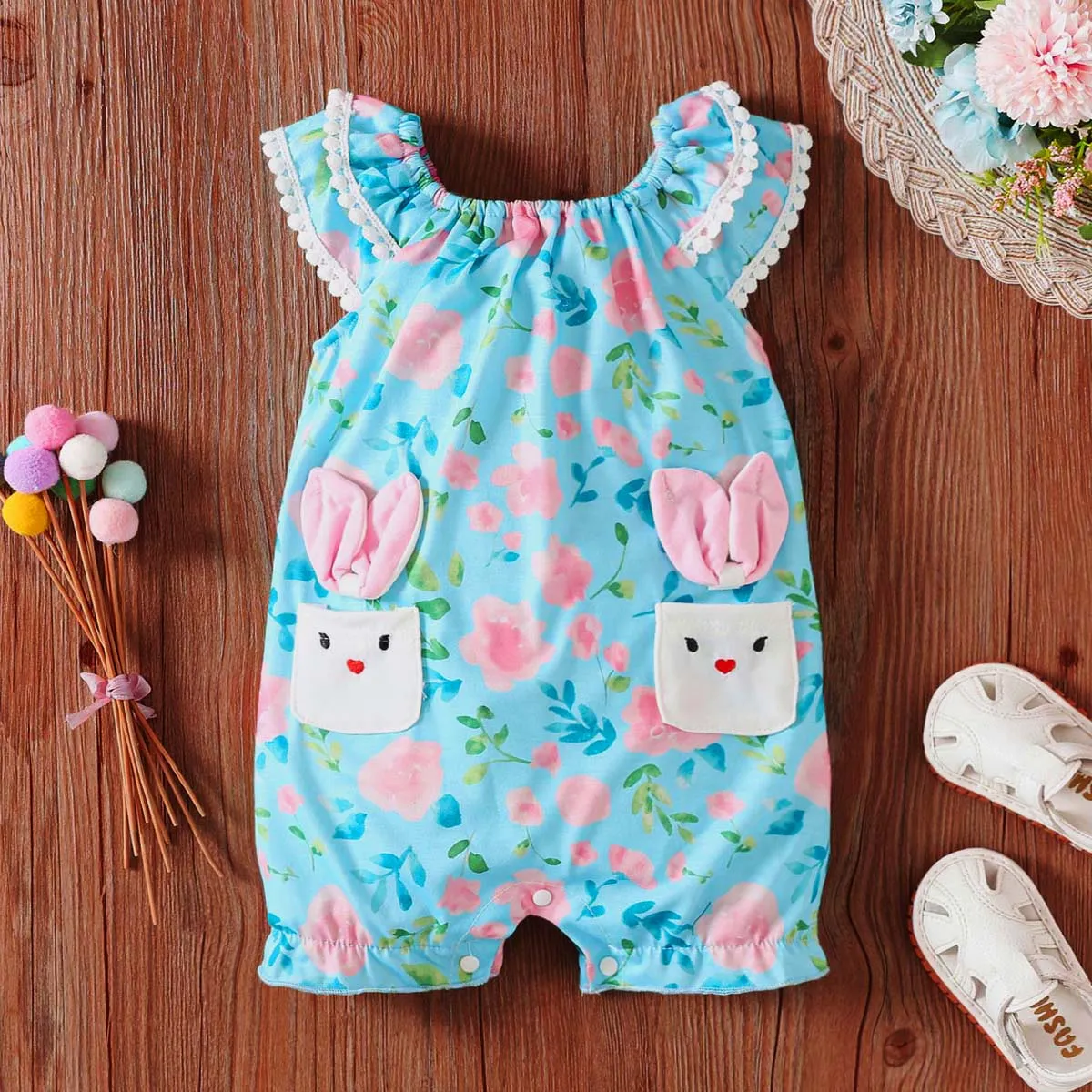 Sweet Baby Girls' Summer Rabbit Romper with Fringed Ball and Floral Lace Detail (1pc) Multi-color big image 1