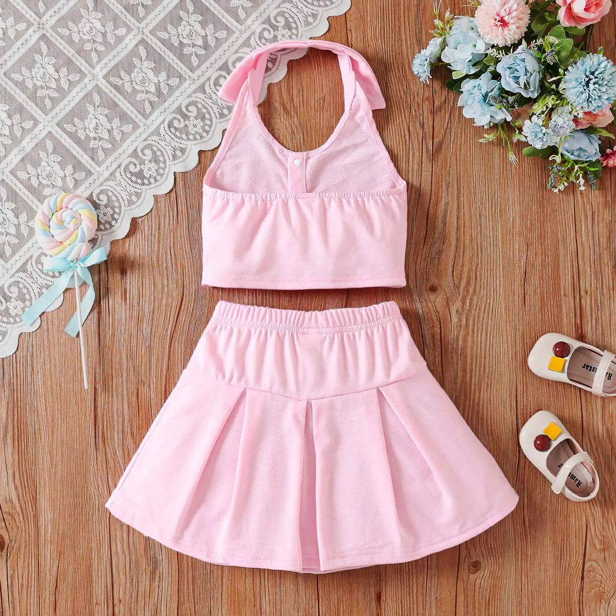 2pcs Kid Girl's   Festive and Fashionable Solid Color Lapel Skirt Suit with Pleated Skirt  Pink big image 1