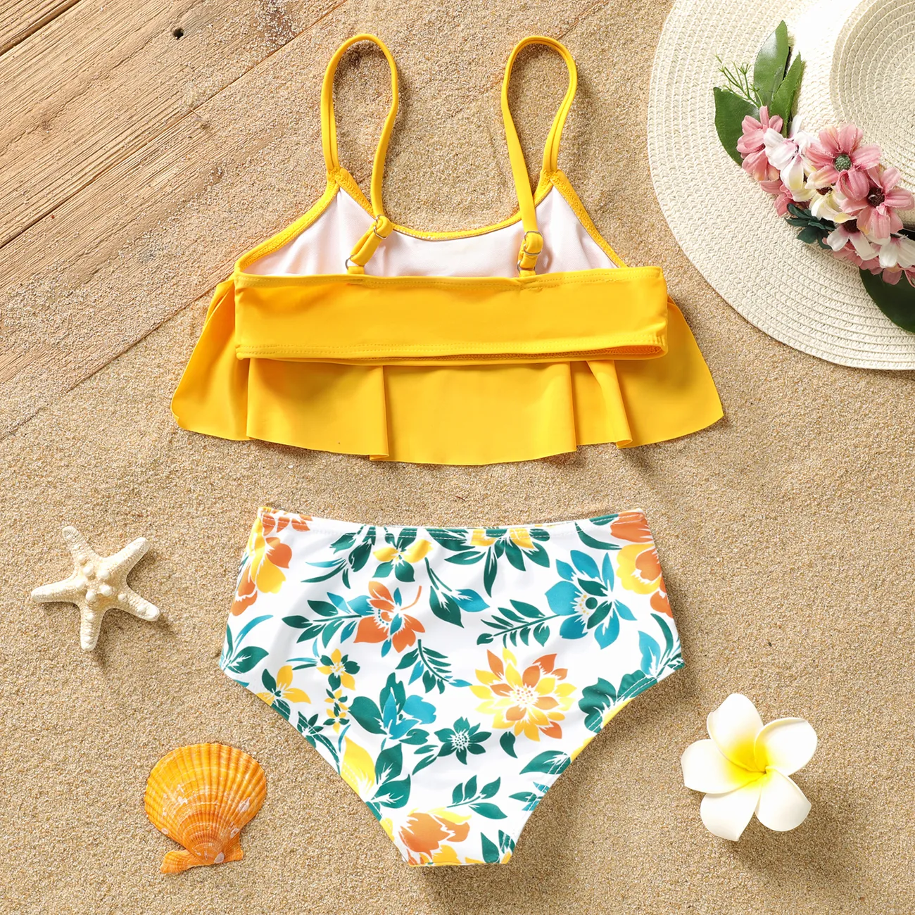 2件 大童 女 多層裙擺 植物花卉 泳衣 深橙色 big image 1