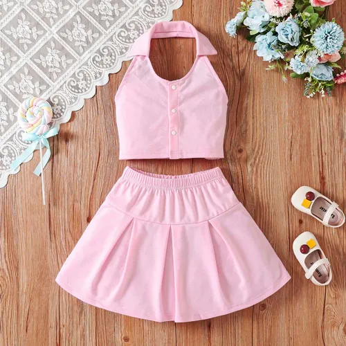 2pcs Kid Girl's   Festive and Fashionable Solid Color Lapel Skirt Suit with Pleated Skirt 