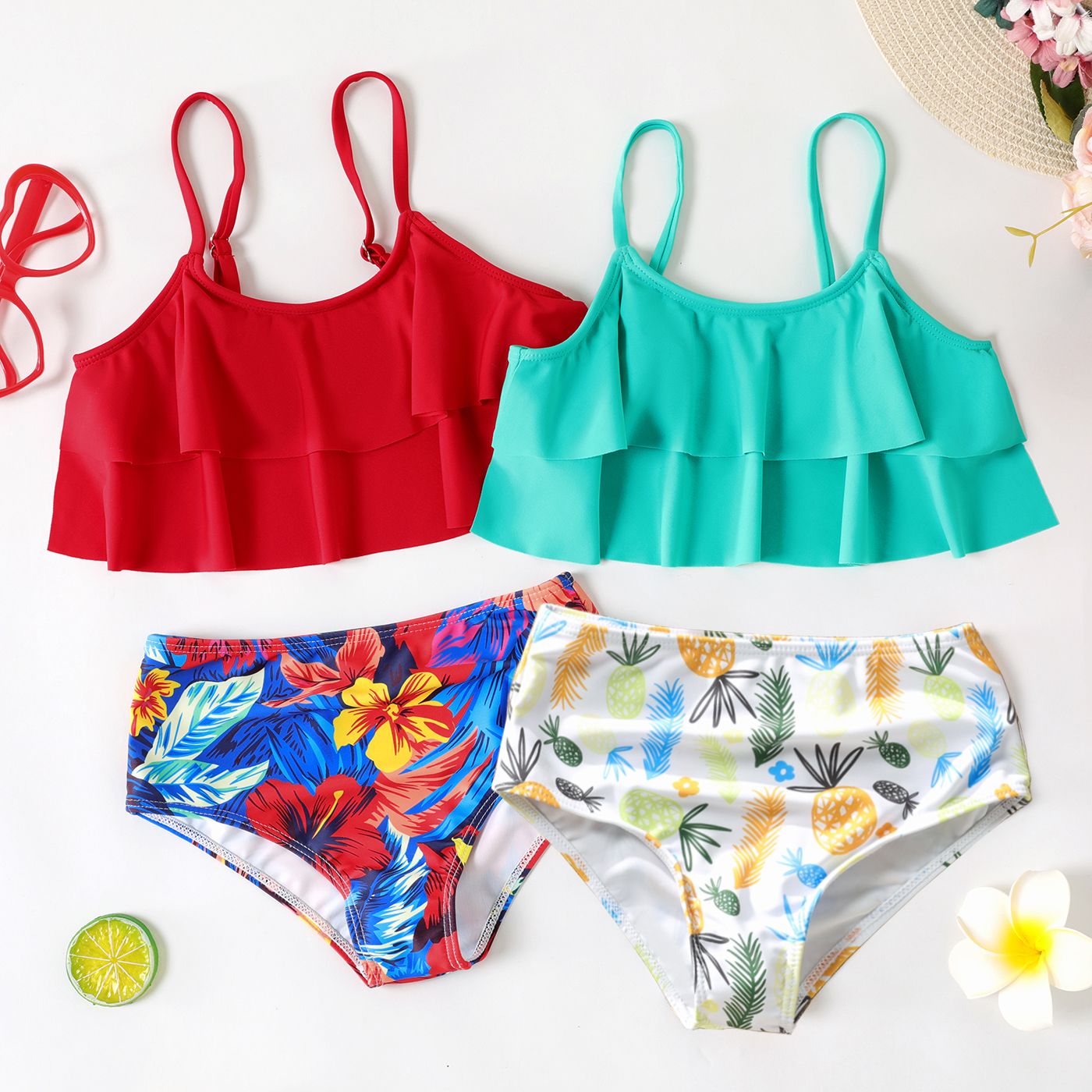 

2pcs Kid Girl Floral Print Ruffled Swimsuit