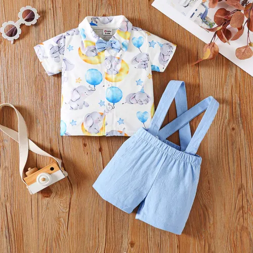2pcs Baby Boy Elephant Summer  Set with Overalls and Cardigan