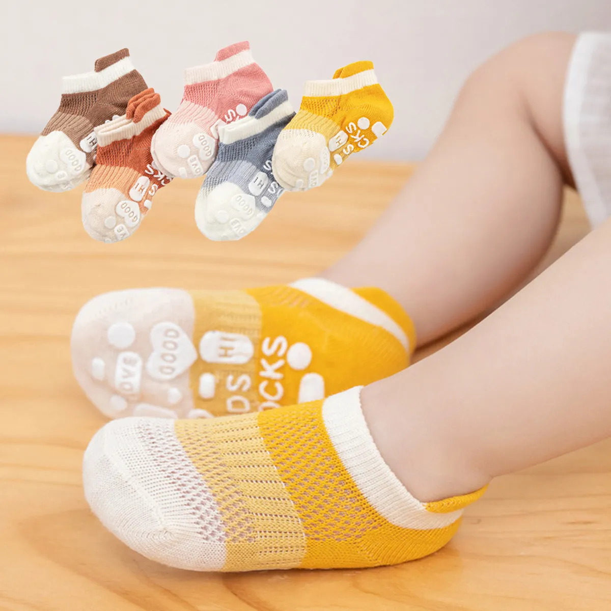 5-pack Baby/toddler/kids Anti-Slip Boat Socks Yellow big image 1