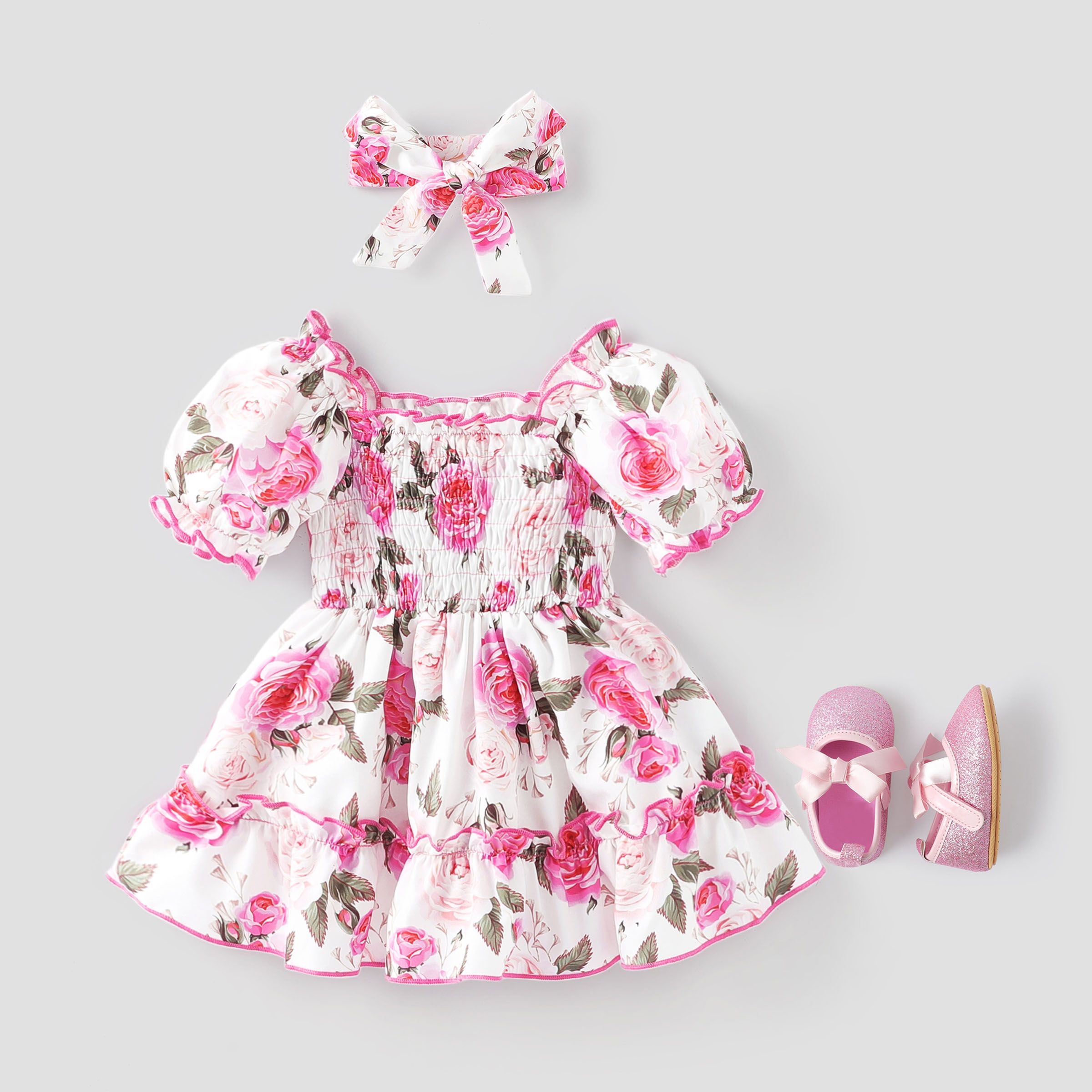 

Baby Girl 2pcs Floral Pattern Puff Sleeves Ruffled Dress and Headband Set
