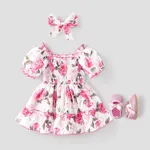 Baby Girl 2pcs Floral Pattern Puff Sleeves Ruffled Dress and Headband Set White