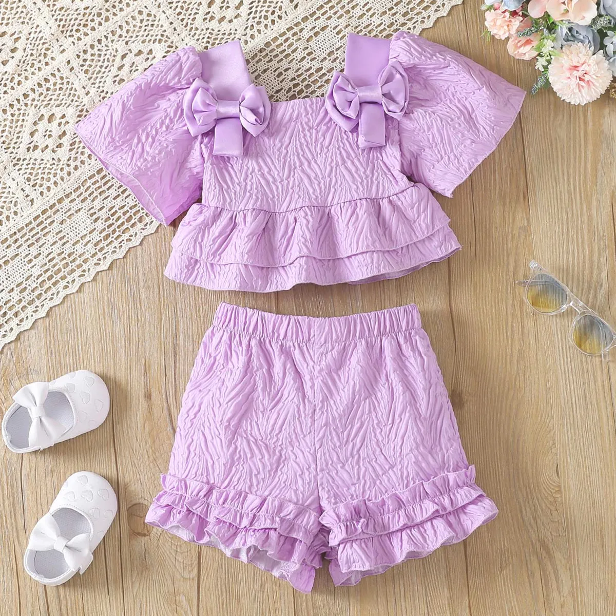 2pcs Toddler Girl's Sweet Square-Cut Collar Summer Dress Set Purple big image 1