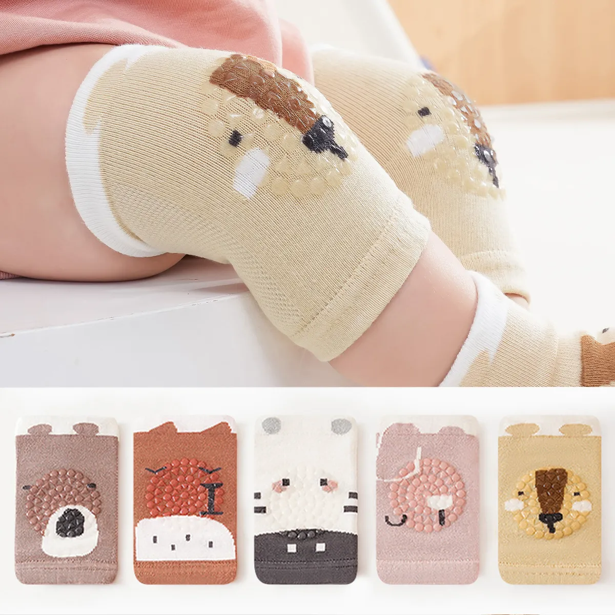 Combed Cotton Anti-Slip Knee Pads for Children with Animal Patterns and Glue Points Yellow big image 1