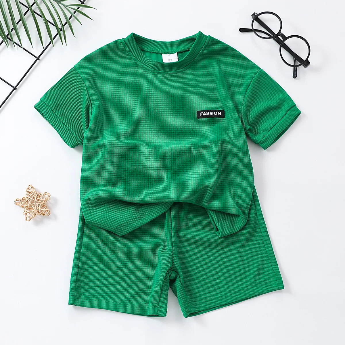 2pcs Toddler Boy's Basic Solid Color Top and Shorts Set  Green big image 1