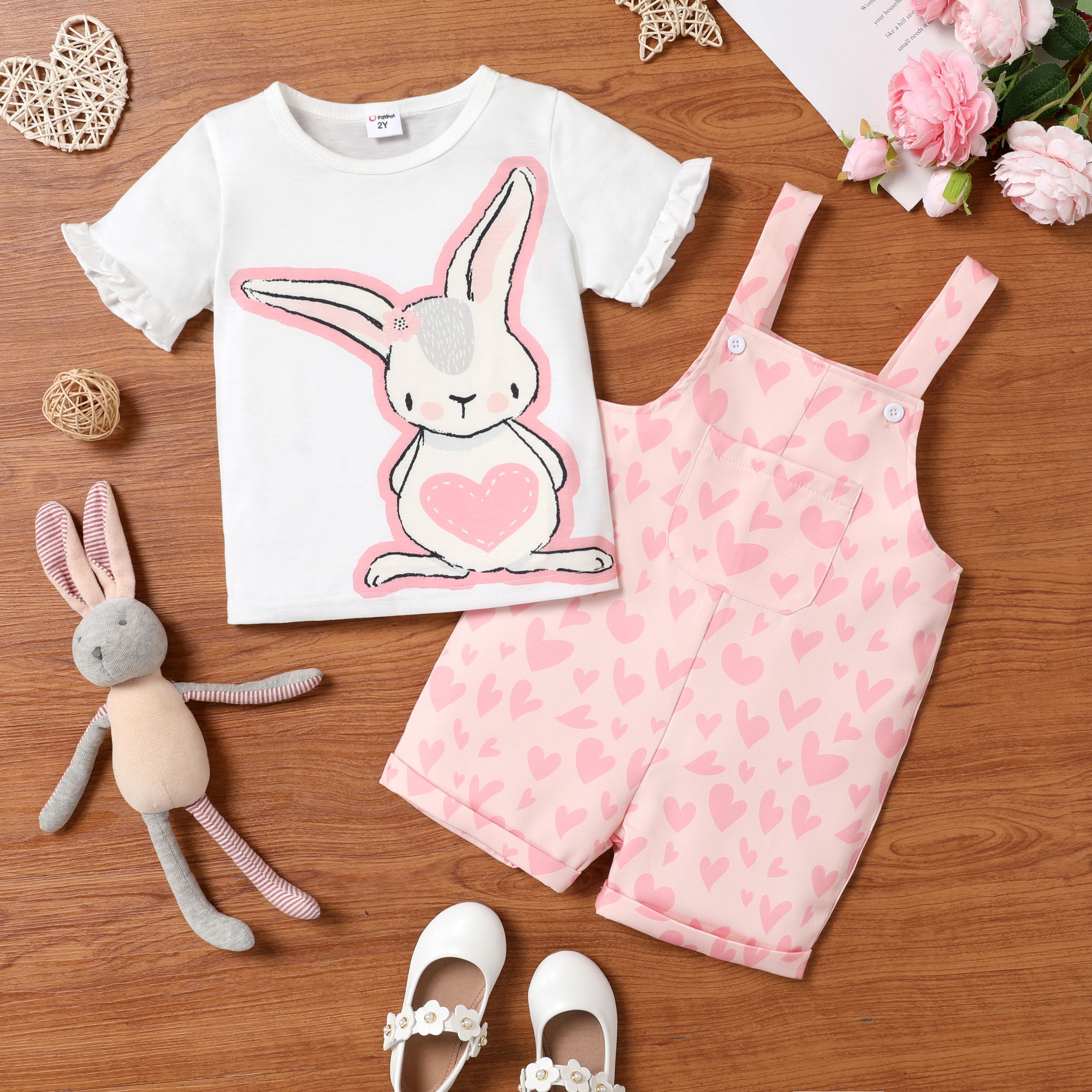 2pcs Toddler Girl's Easter Sweet Rabbit Ruffle Edge Shirt And Overalls Set