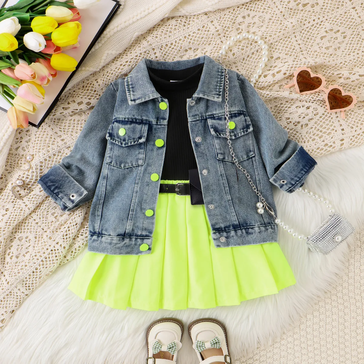 4PCS Toddler Girl  Solid Color Avant-garde Lapel Jacket/Vest/ Skirt/Belt Set