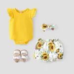 3pcs Baby Girl 95% Cotton Layered Ruffle Sleeve Romper with Floral Print Bloomers Shorts and Headband Set Yellow