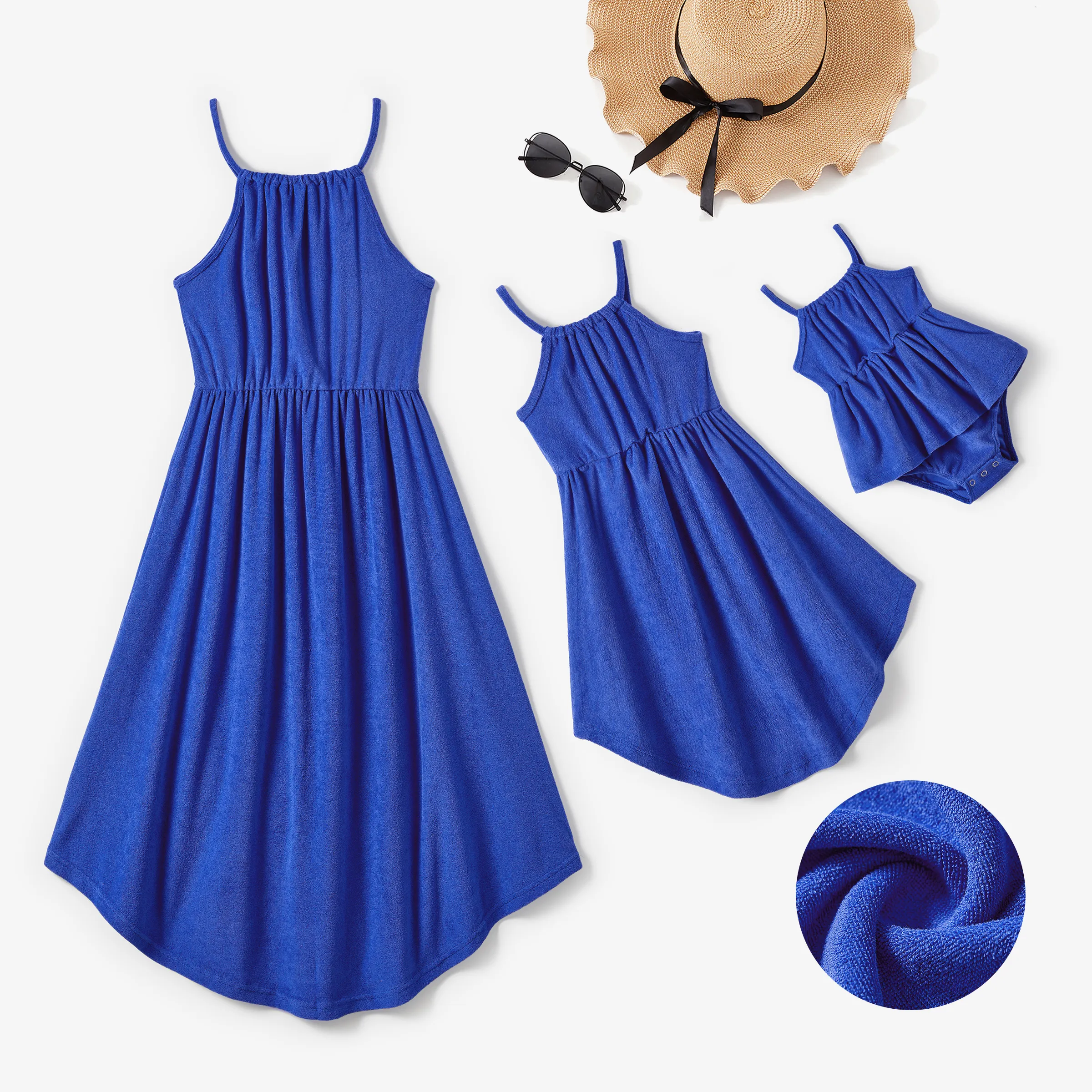 Mommy And Me Blue Terry Pleated Strap Dress