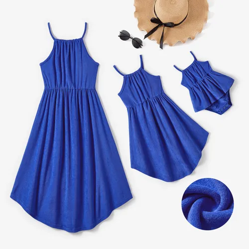Mommy and Me Blue Terry Pleated Strap Dress
