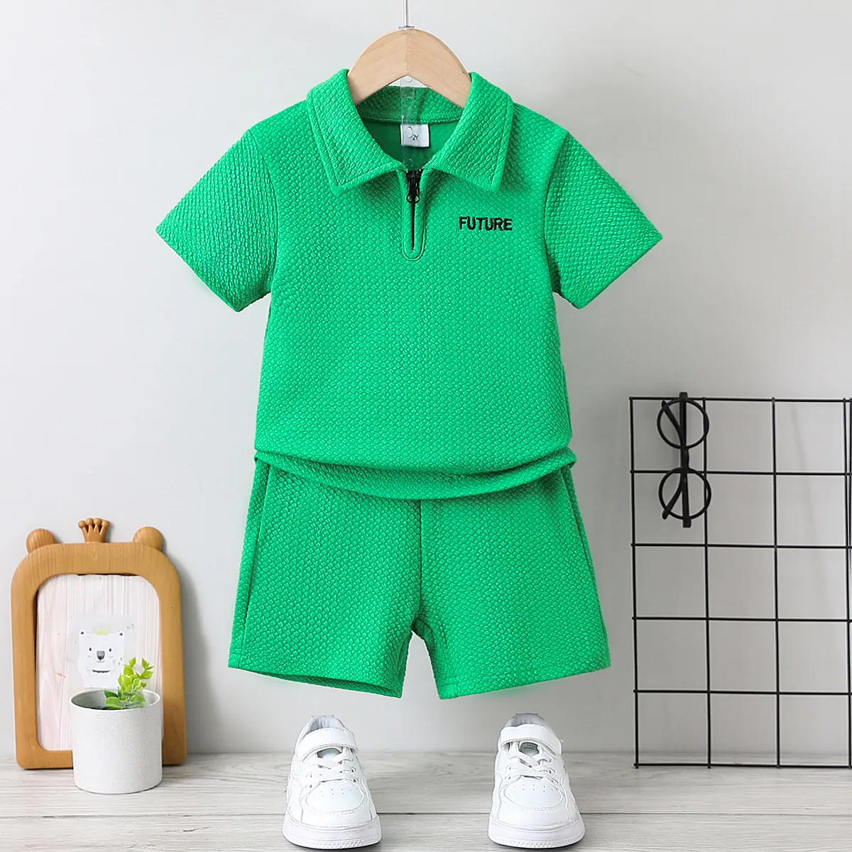 2pcs Toddler Boy Solid Color Casual Set with Shirt Collar  Green big image 1