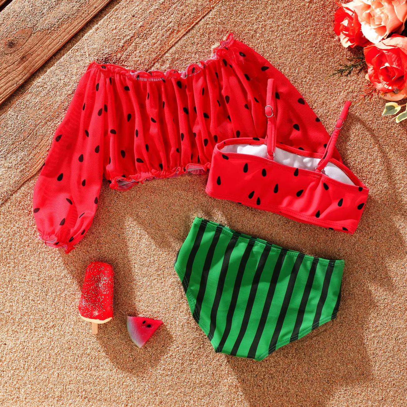 3pcs Toddler Girl Watermelon Off-shoulder Swimsuit Set Red big image 1