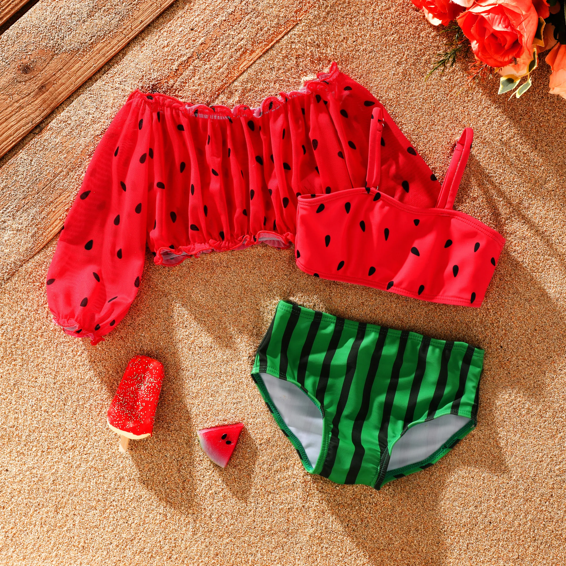 3pcs Toddler Girl Watermelon Off-shoulder Swimsuit Set