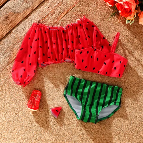  3pcs Toddler Girl Watermelon Off-shoulder Swimsuit Set