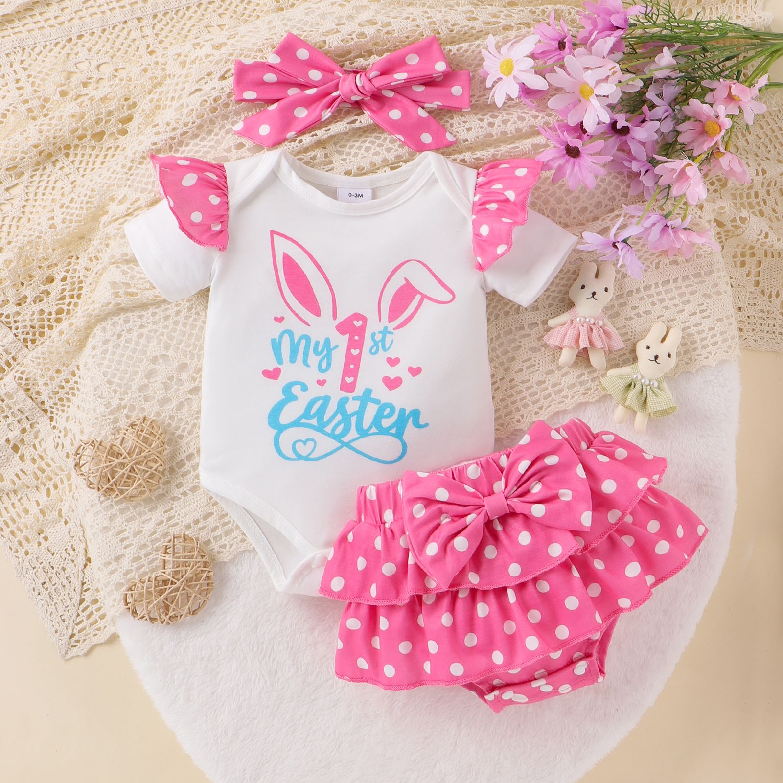 2pcs Baby  Girls Easter Rabbit Polka Dot  Set For With Flutter Sleeve