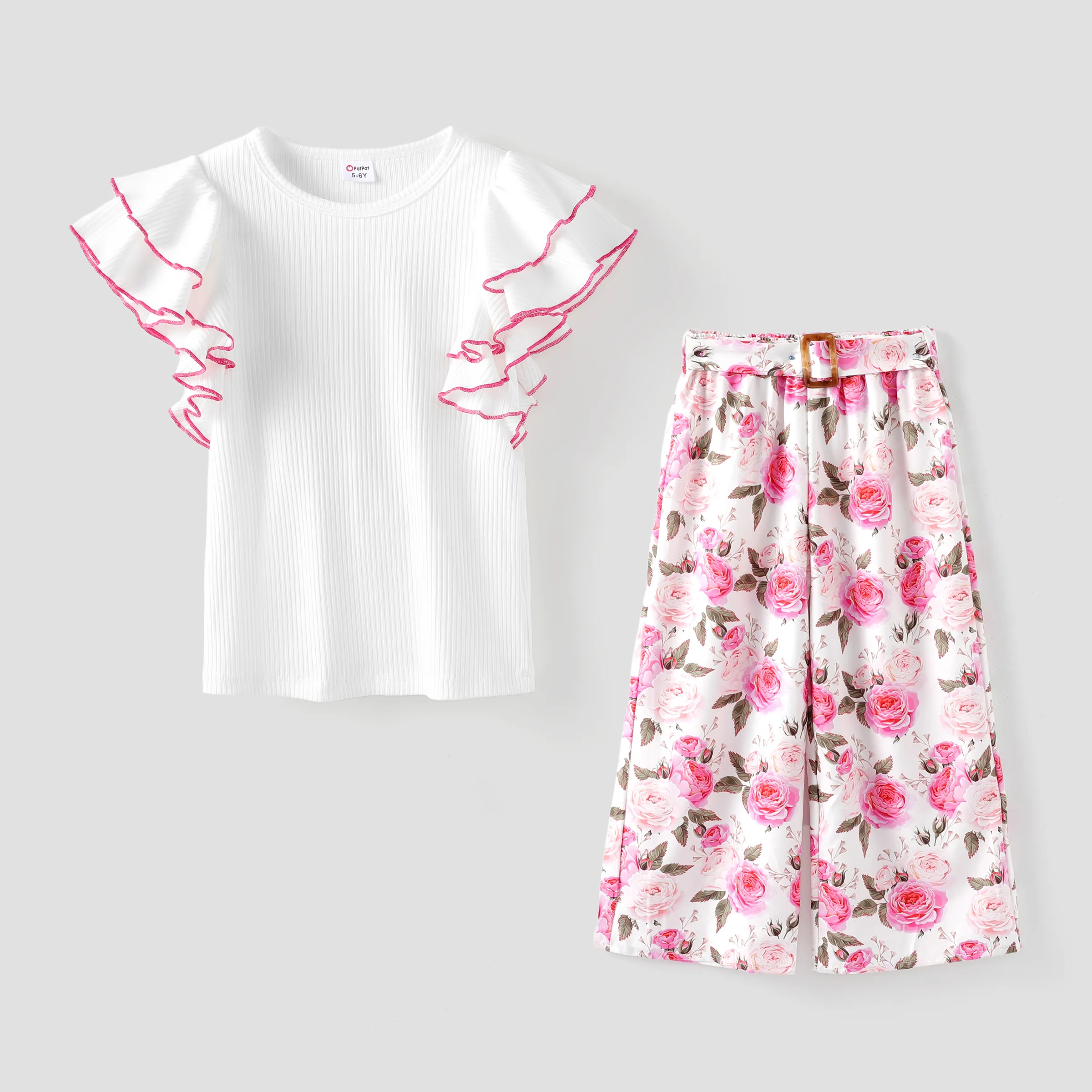 Kid Girl 2pcs Ruffled Tee And Floral Pattern Pants Set/ Mary Jane Shoes