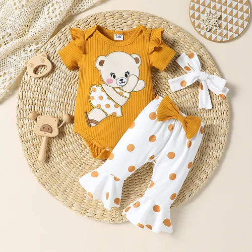 Conjunto de bordados de urso infantil com calças de borda de chifre de bolinhas
