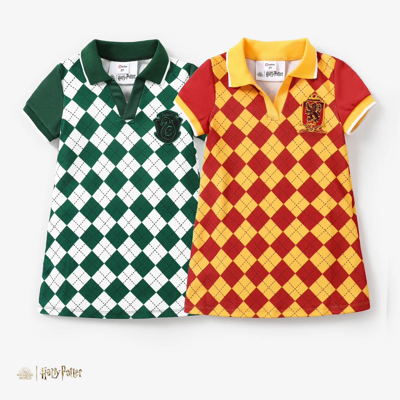 Harry Potter Toddler Girls Checkerboard Pattern Allover Pattern Color Block Badge Polo Collar  A-Line Dress Green big image 1