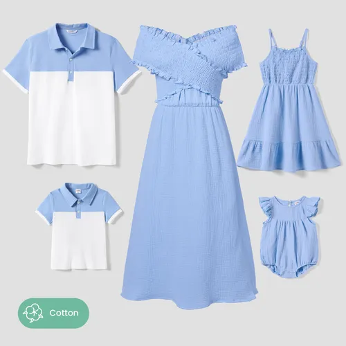 Family Matching Colorblock Polo Shirt and Shirred Cross Front Bodice Off-Shoulder Dress Sets