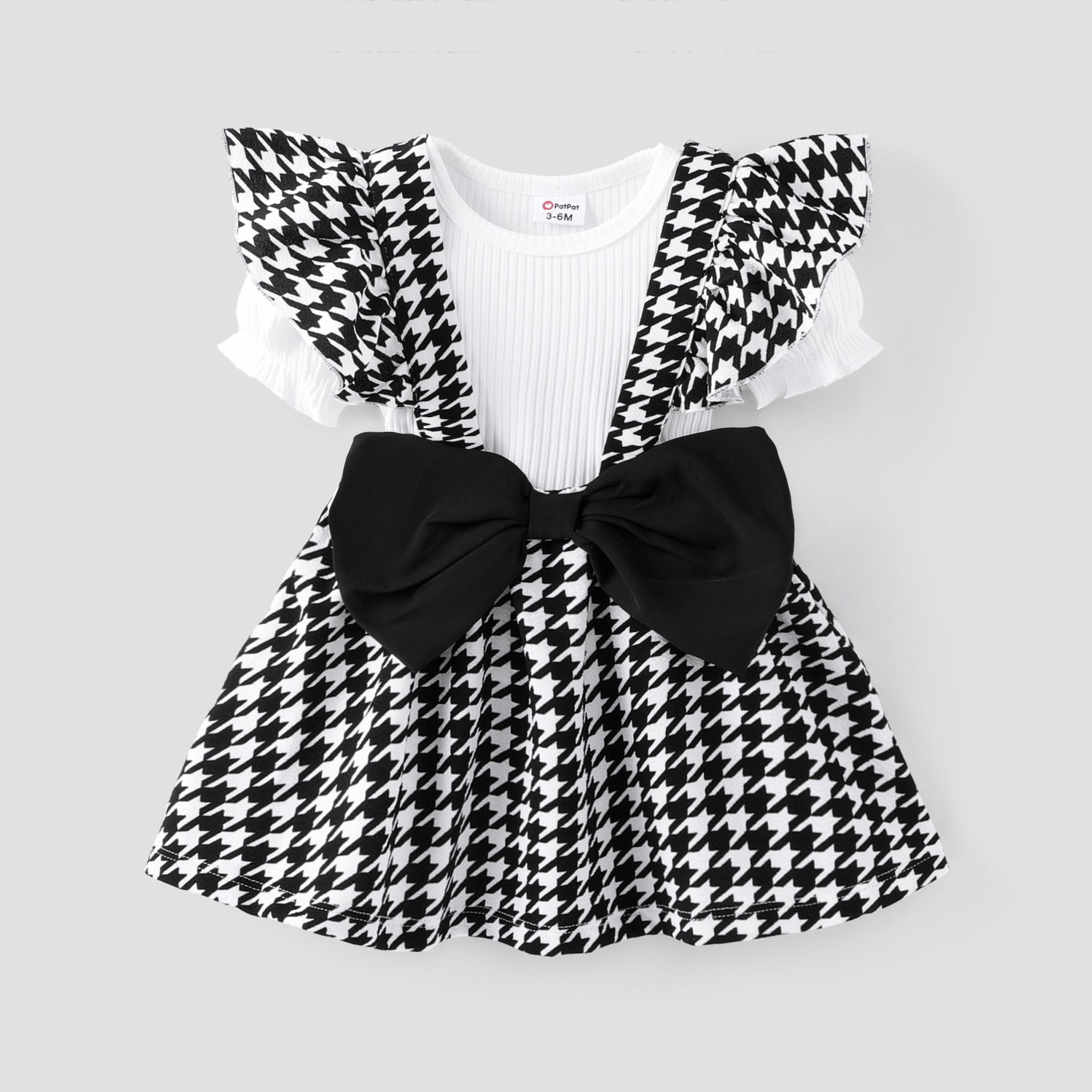 Baby Girl 2pcs Puff Sleeve Tee And Plaid Print Bowknot Overalls Dress Set/ Shoes