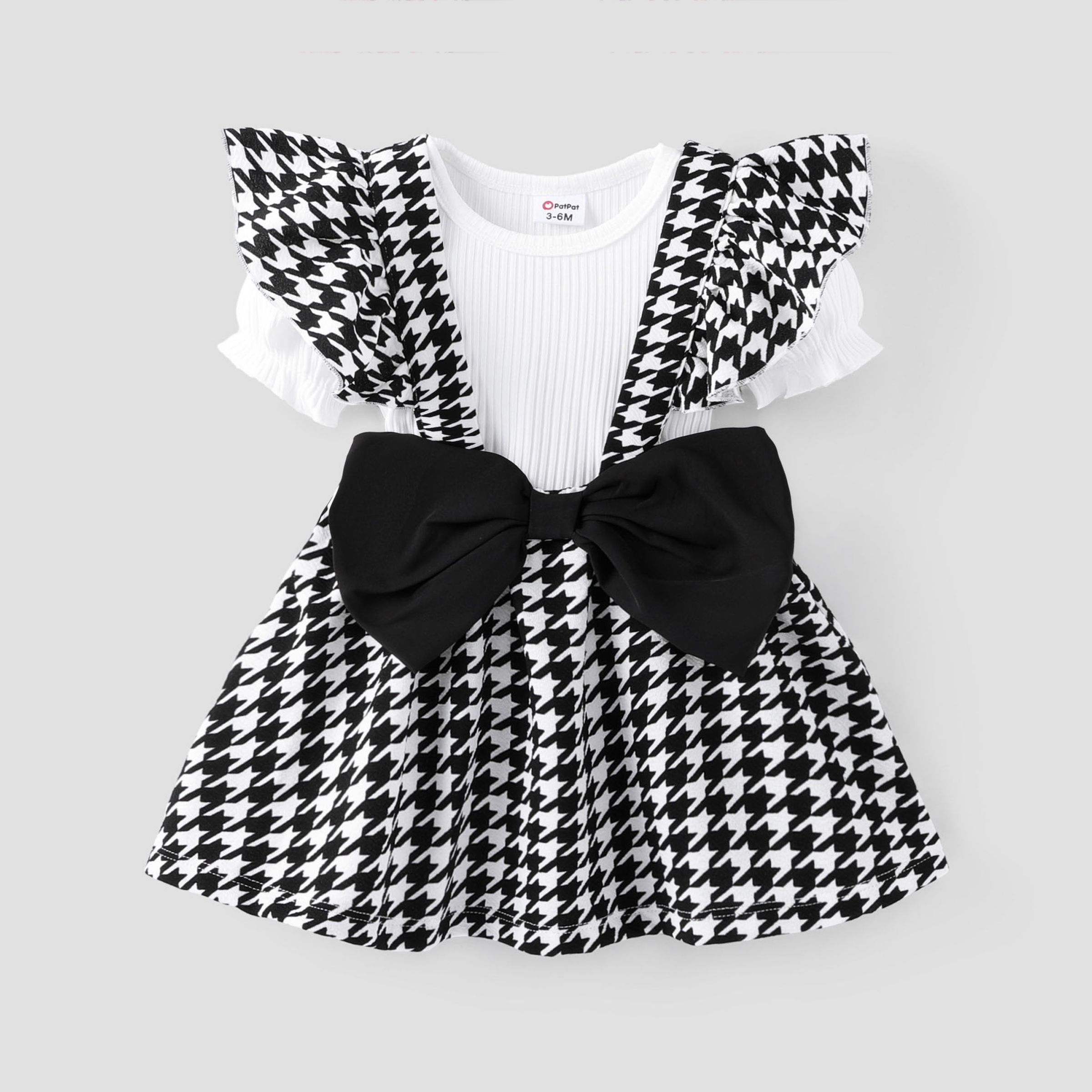 

Baby Girl 2pcs Puff Sleeve Tee and Plaid Print Bowknot Overalls Dress Set/ Shoes