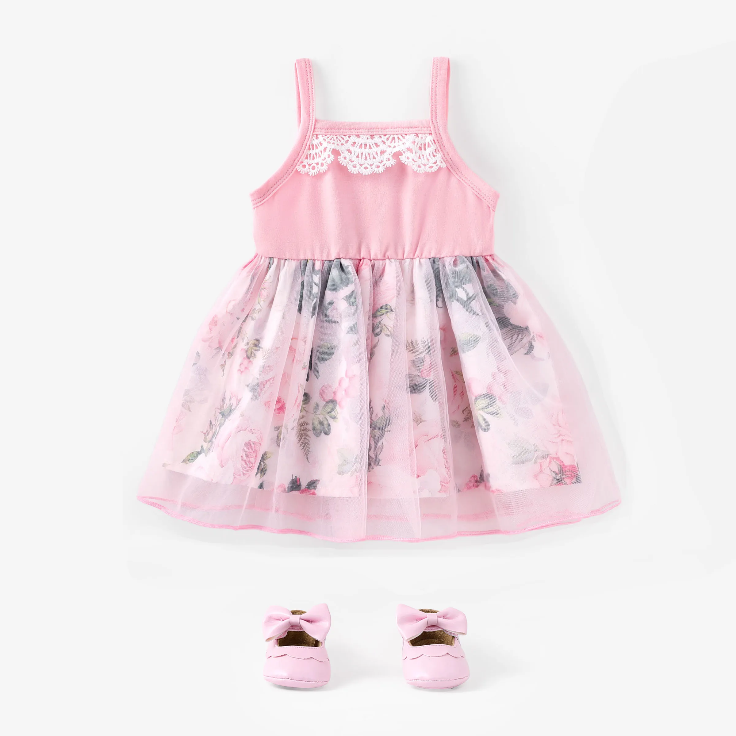Baby Girl Lace Decor Mesh Floral Print Cami Dress/ Glitter Prewalker Shoes