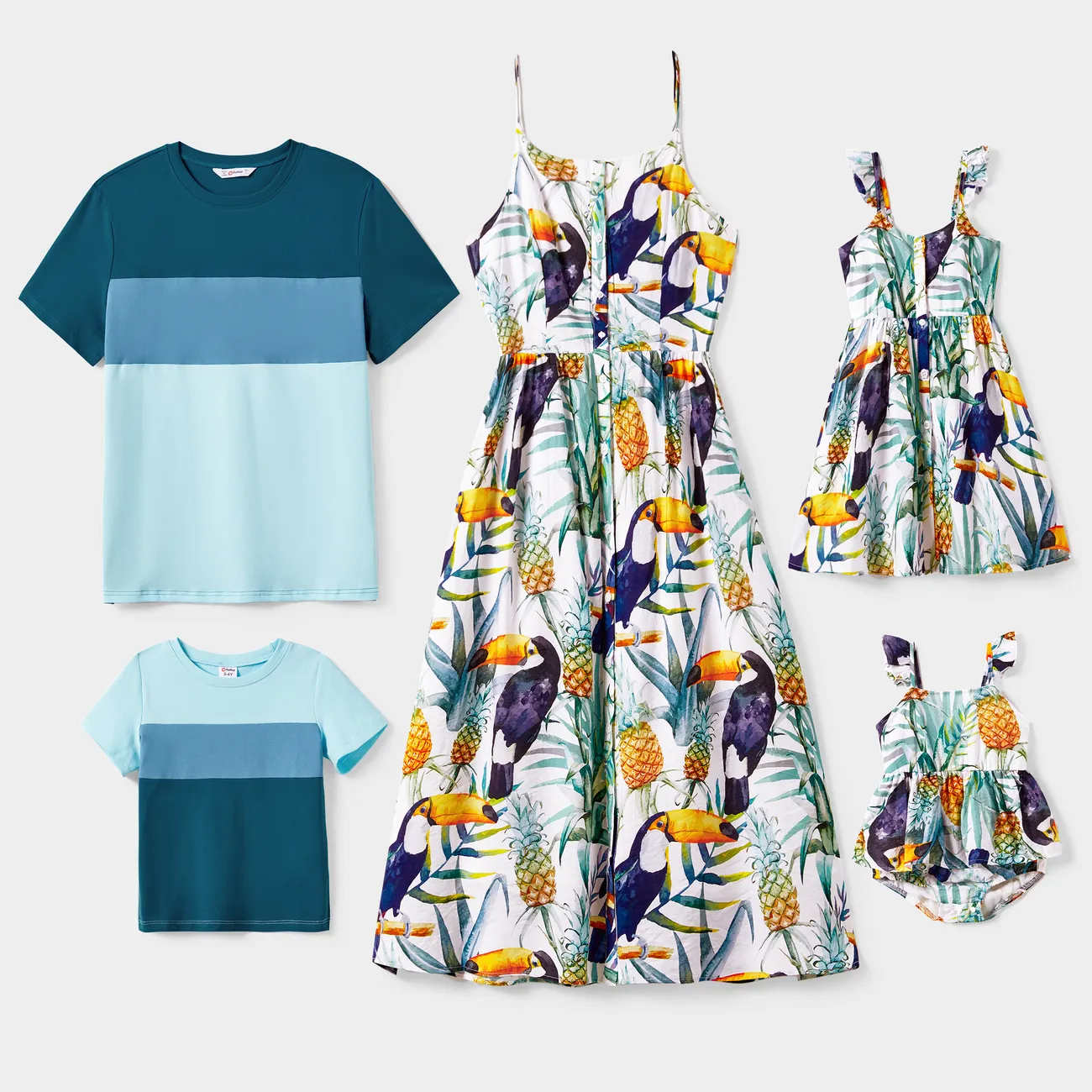 Family Matching Colorblock T-Shirt and Pineapple Pattern Button Up Strap Dress Sets Lakeblue big image 1