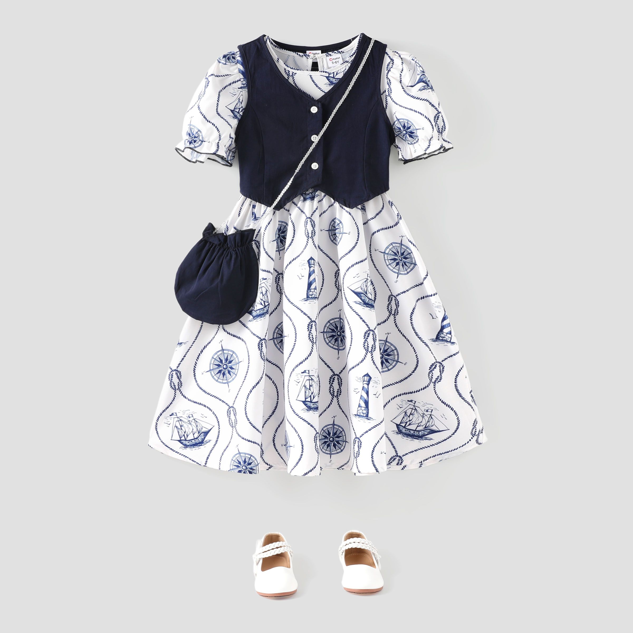 

Kid Girl 3pcs Vest and Floral Print Dress and Crossbody Bag Set/ Mary Jane Shoes