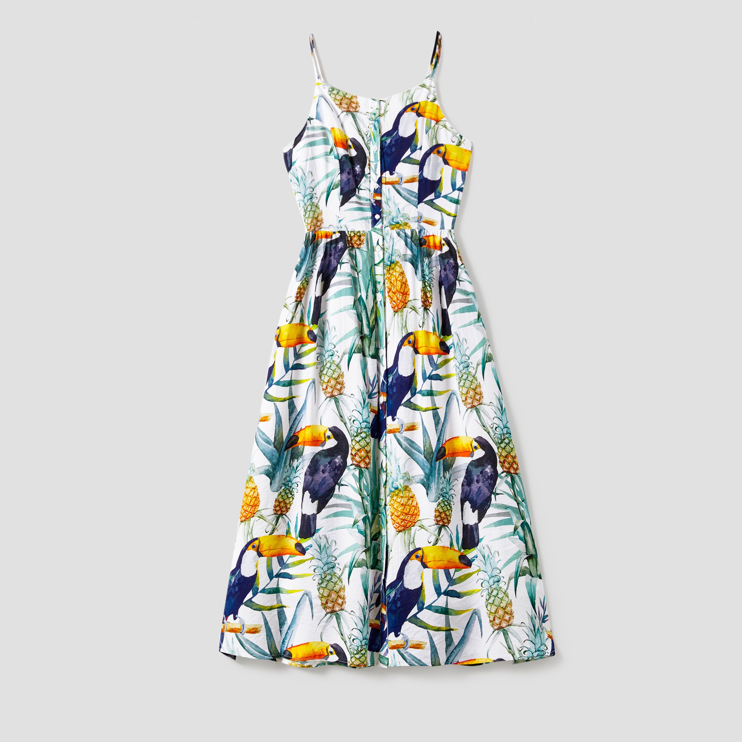 Family Matching Colorblock T-Shirt And Pineapple Pattern Button Up Strap Dress Sets