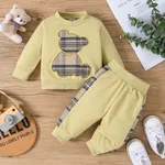 2pcs Baby Boy/Girl Long-sleeve Plaid Print Bear Embroidered Sweatshirt and Sweatpants Set LightKhaki