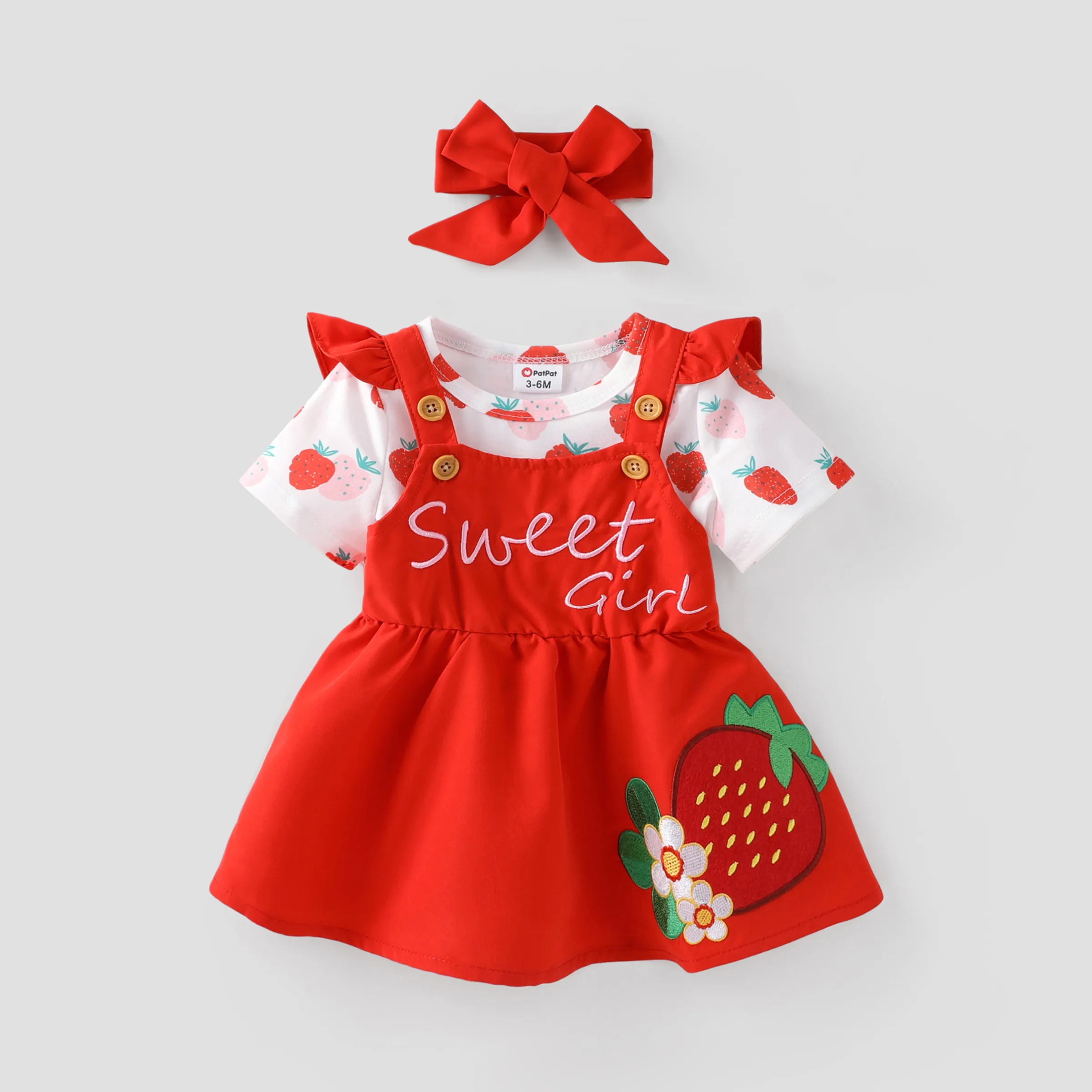 Baby Girl 2pcs Fruit Embroidered Flutter Sleeve Dress And Headband Set