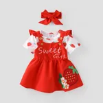 Baby Girl 2pcs Fruit Embroidered Flutter Sleeve Dress and Headband Set Red