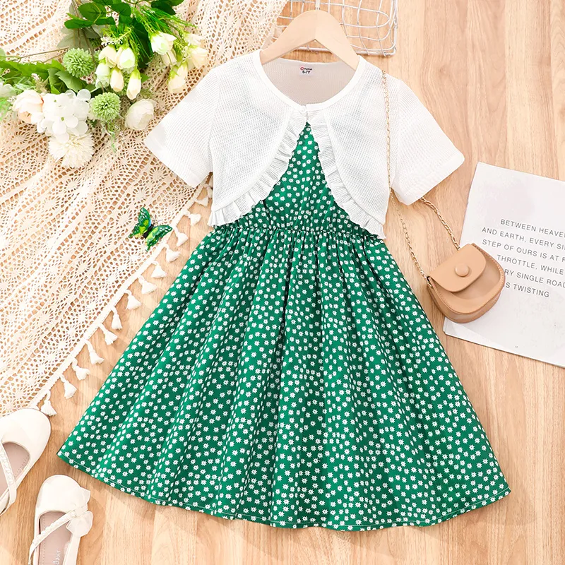 2Pcs Sweet Kid Girls Floral Ruffle Top and Dress Set  Green big image 1