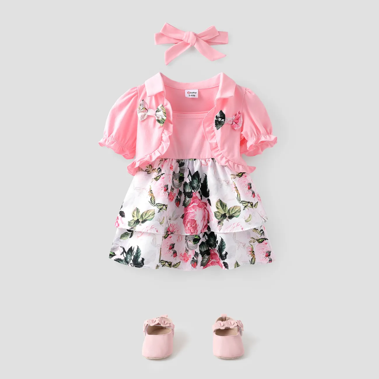 Baby Girl 3pcs Ruffled Cardigan and Floral Print Cami Dress and Headband Set Pink big image 1