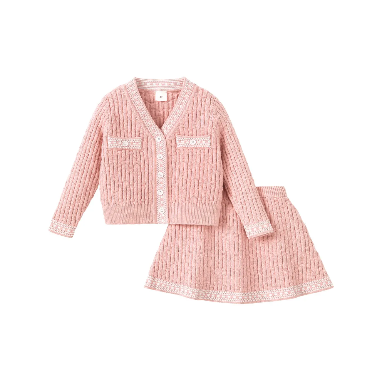 2PCS Kid Girl Sweet Textured Sweater and Skirt Set Pink big image 1