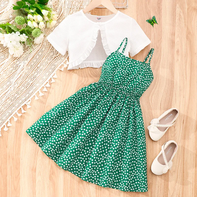 2件 大童 套裝裙 女 荷葉邊 植物花卉 綠色 big image 1