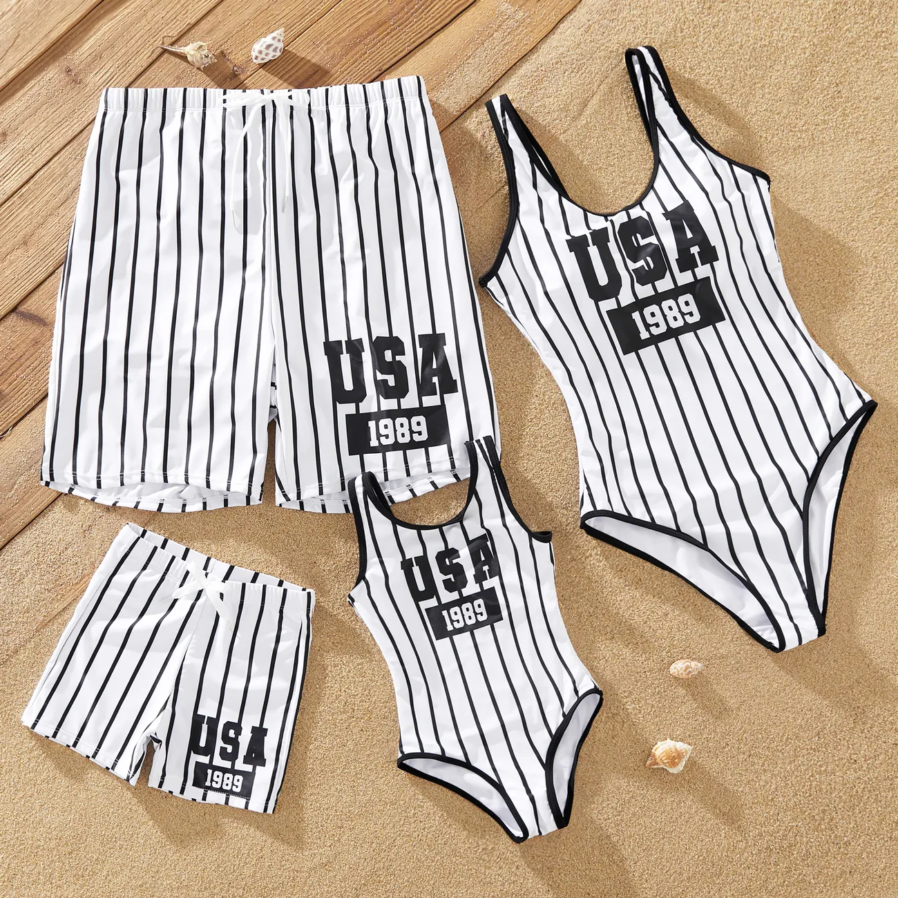 Family Matching Vertical Stripe Drawstring Swim Trunks or One-Piece Swimwear  BlackandWhite big image 1