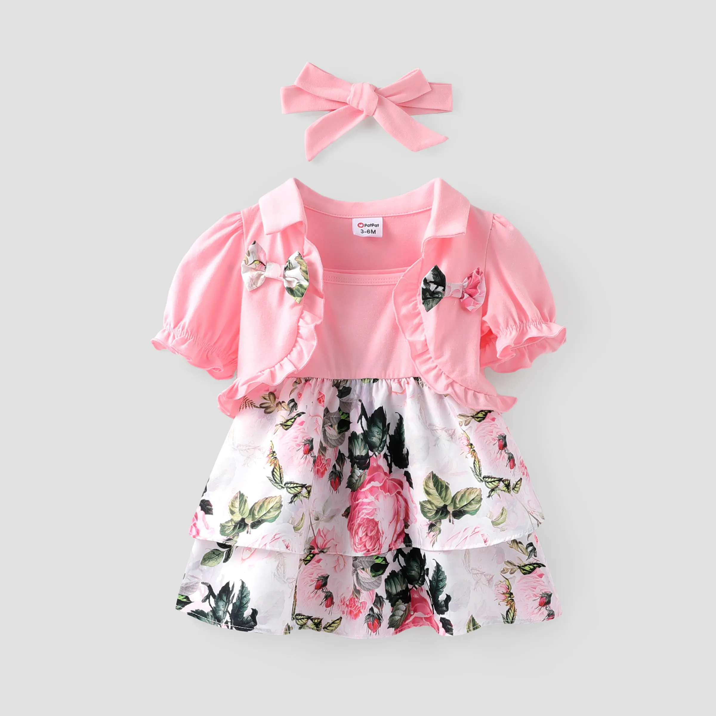 Baby Girl 3pcs Ruffled Cardigan And Floral Print Cami Dress And Headband Set/ Prewalker Shoes