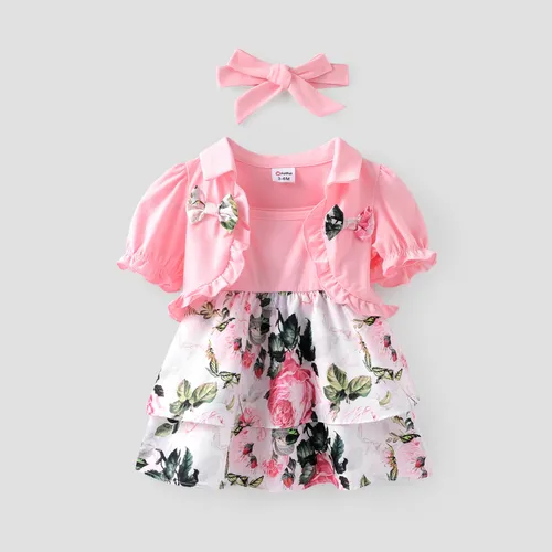 Baby Girl 3 pz Increspato Cardigan e stampa floreale Cami Dress e fascia Set