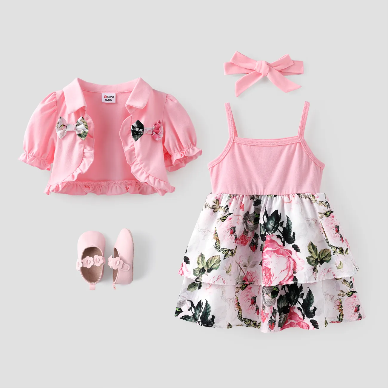 Baby Girl 3pcs Ruffled Cardigan and Floral Print Cami Dress and Headband Set Pink big image 1